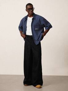 STYNVO 男士落肩短袖前开襟格子休闲衬衫，百搭夏季男士宽松衬衫，男士衬衫，宽松纽扣衬衫，男士街头风纽扣衬衫，男士宽松衬衫，男士宽松衬衫 - 藍色 - 查看 3