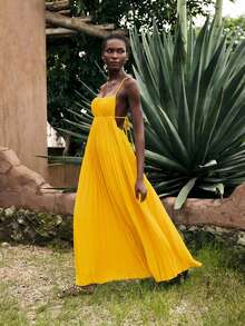 Maija 女士夏季度假连衣裙，简约无袖纯色波西米亚风沙滩裙，适合春夏季节穿着 - 黃色 - 查看 2