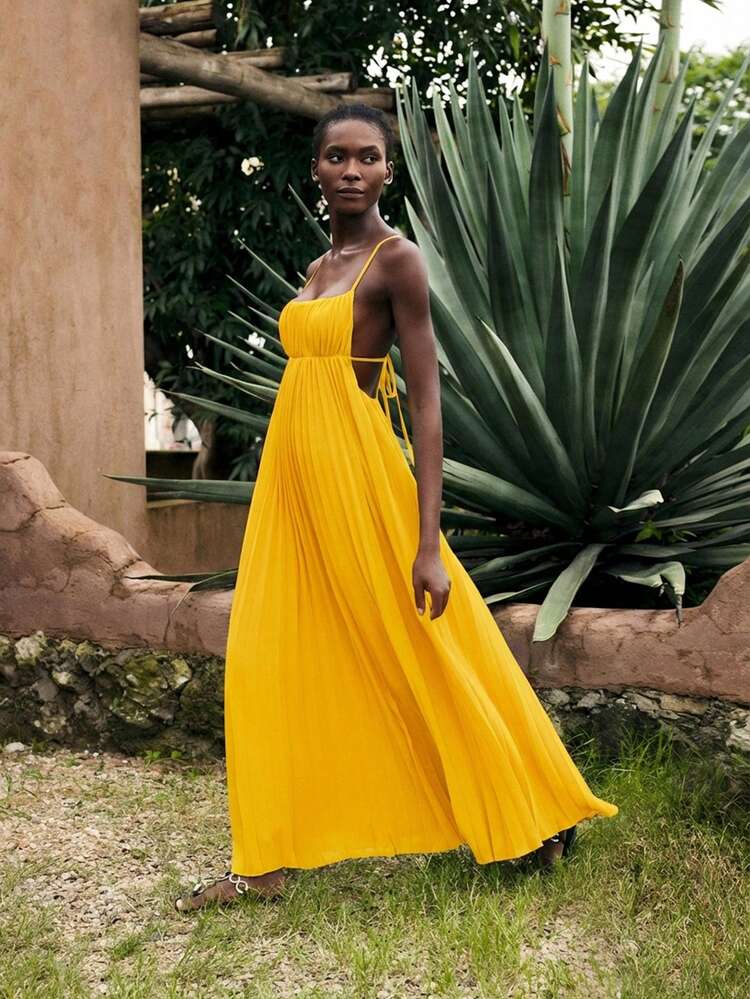 SHEIN Maija Women's Summer Vacation Dress, Minimalist Sleeveless Solid Color Bohemian Beach Dress, Suitable For Spring And Summer Yellow Maxi Dress Pleated Maxi Dress Yellow Sundress Women Long Sun Dress Yellow Dress  St Patrick's Day Women Easter Summer Outfits Easter Dress Women Party Top Beach Dress Summer Holiday Outfits Each Vacation Outfits For Women  Summer Outfit For Women Going Out Outfits Graduation Graduation Outfit  Casual Dresses  Casual Blouses For Women