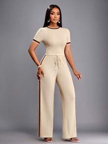 SOLERSUN Women's Summer Casual Multi-Contrast Color Crew Neck Top And Trousers Set Daily Casual Fall Clothes For Women Casual Women Outfits - Khaki - View 5