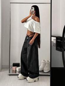 SHEIN PETITE Women's Pentagram Pocket Wide Leg Loose Fit Jeans Pants - Black - View 6