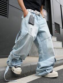 Manfinity EMRG Men's Casual Streetwear Multi-Pocket Distressed Denim Jeans - Light Wash - View 1