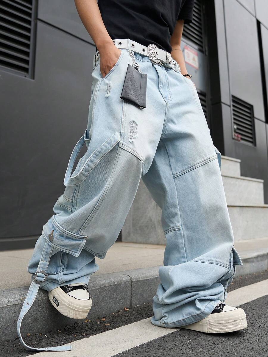 Manfinity EMRG Men's Casual Streetwear Multi-Pocket Distressed Denim Jeans - Light Wash - View 1