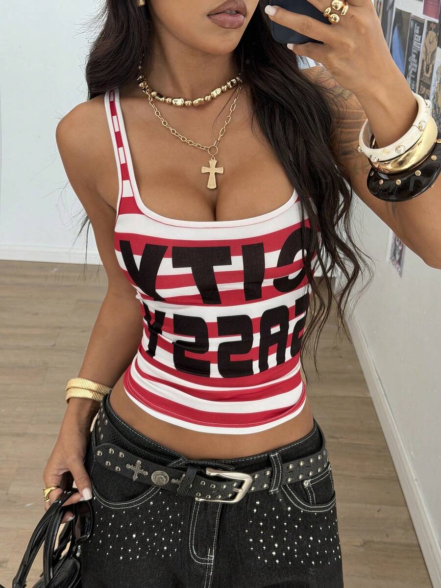 StreetHx Women's Fashionable Striped English Print Square Neck Camisole - Multicolor - View 1