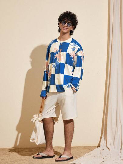 Felipe Marques Men's Floral Plaid Print Long Sleeve Loose Fit Round Neck T-Shirt, Casual For Holiday, Party, Autumn/Winter/Spring, Bohemian Island Vacation