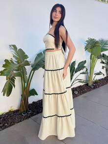 Hitanina 2 件套女士优雅短款抹胸上衣和裙子套装 - 杏色 - 查看 5