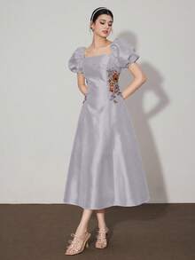 Modelyn 女士优雅花卉刺绣泡泡袖中长连衣裙，夏季 - 灰色 - 查看 3