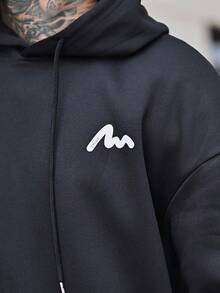 Devon Thys 男士套头连帽衫，带抽绳，宽松版型，文字印花设计，适合秋冬季节，长袖上衣 - 黑色 - 查看 4