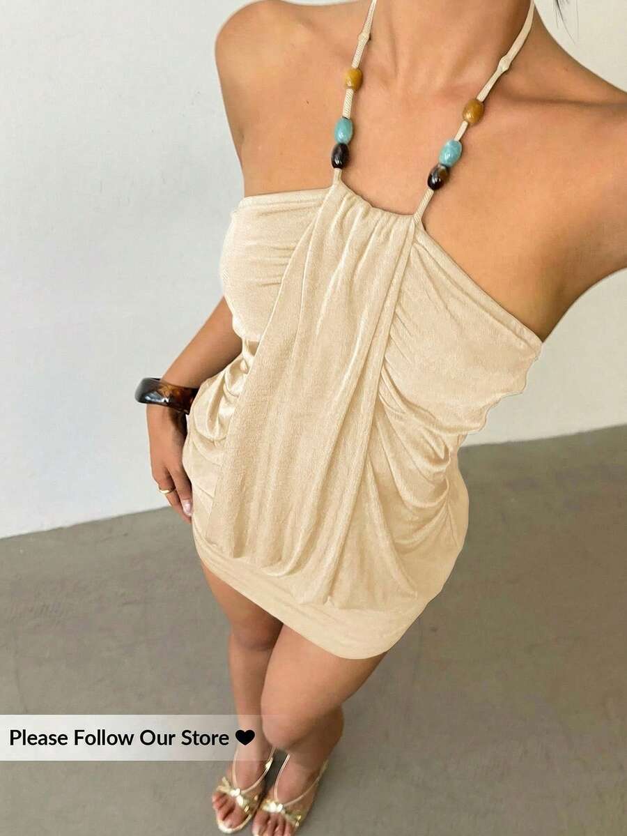 Aloruh Vestido mini sexy de mujer con cuello halter fruncido y cuentas de unicolor - Albaricoque - Ver 1