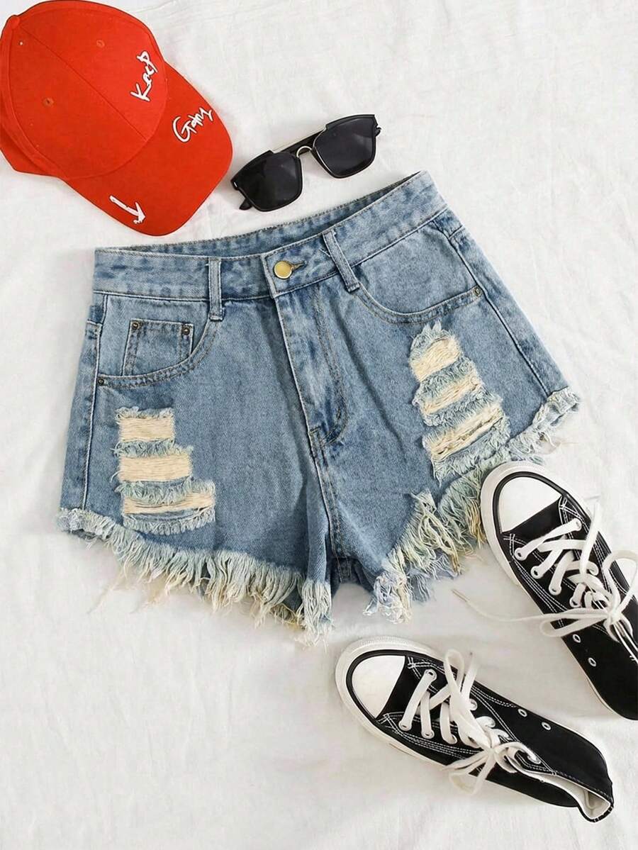 SHEIN EZwear 女士休闲做旧牛仔短裤,带口袋和毛边裤脚,适合日常穿着 - 藍色 - 查看 1