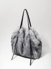 ROMWE Grunge Punk 女士单肩包，流浪包，毛绒包，仿皮草，毛绒，毛绒绒，时尚，个性，百搭，街头风，甜美酷女孩，辣妹，Y2K，朋克，秋冬款（随机图案） - 黑與白 - 查看 7