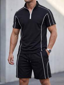 Manfinity Dauomo Men's Black And White Striped Decor Contrast Zipper Sports Set,Summer Casual Gym Tracksuit,Comfortable Fitness Workout Outfit Two Piece Clothes Set - Black - View 3