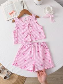SHEIN LMoss Kids 2pcs Young Girl's Pink Elegant Woven Striped Bow Tie Vest And Shorts Set,Summer,Matching,Family Vacation,Stylish Casual Kids Outfits For Holidays - Multicolor - View 7