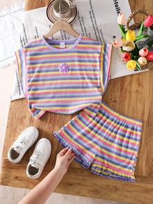 Emery Rose Kids Emery Rose Kids 2件套女童针织圆领条纹印花休闲T恤和短裤套装 - 紫色 - 查看 8