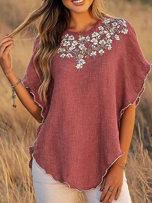 EMERY ROSE Spring/Summer Fashion Casual Resort Wear Versatile Everyday Beachwear Plus Size Women's Round Neck Floral Print Short Sleeve Shirt Plus Size Women's Beach Resort Clothing