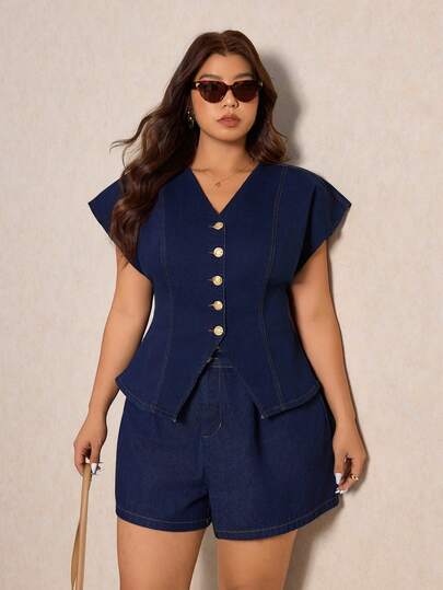 Elaquor Plus Size Fashion Double-Breasted Waist Cinched Denim Blouse