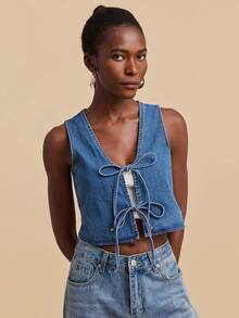 Travachic Women's V-Neck Front Tie Fashionable Denim Vest - Medium Wash - View 6