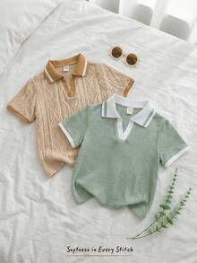 Cozy Pixies 2 piezas Polos de estilo de vacaciones para niño pequeño con cuello de contraste, textura de jacquard y punto suave, paquete múltiple - Multicolor - Ver 1