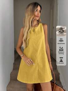 Easowa 女士休闲亚麻无袖A字连衣裙，带绗缝口袋，优雅度假装扮，复古富贵风格 - 黃色 - 查看 4