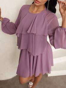 Modelyn Women's Elegant Romantic Multi-Layer Ruffle Trim Purple Long Sleeve Mini Dress - Purple - View 6