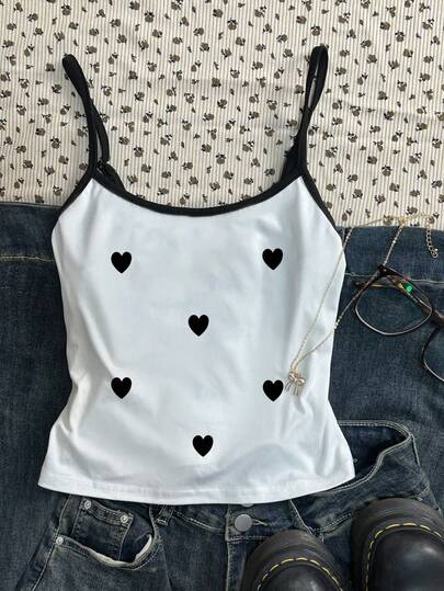 Heart Love Print Graphic Camisole Tank Top For Teen Girls, Casual Sleeveless Snug Fit Crop Top, Summer Graphic Tee Casual Round Neck Graphic Print Short Sleeve T-Shirt For Teen Girls, Y2K Style, Tops, White Top Cozy Fall & Winter Styles, Heart Print Graphic Tee, Valentine's Day, Vacation Outfit For Teen Girls Winter Grace, Vacay Vibes, Easy Comfort, White Top, Y2K Clothes For Teen Girls Cute Tank Tops For Teen Girls Cute Teen Summer Top Tops Cute Summer Tops For Teen Girls Aesthetic Cami Top