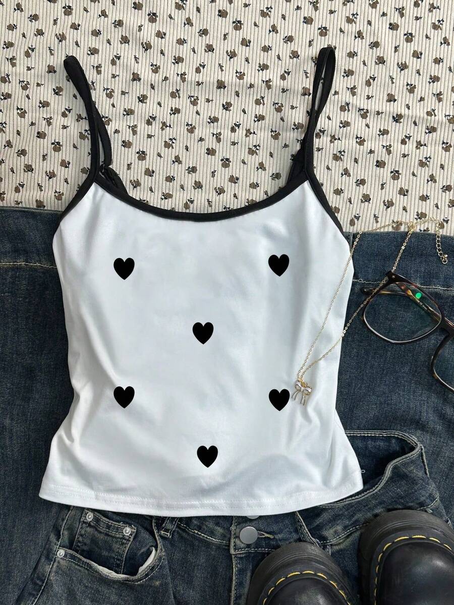 爱心印花图案吊带背心，适合青少年女孩，休闲无袖修身露脐上衣，夏季，Y2K风格，白色上衣，舒适秋冬款式，情人节，度假，休闲氛围，轻松舒适，白色上衣，Y2K风格青少年可爱吊带背心 - 彩色 - 查看 1