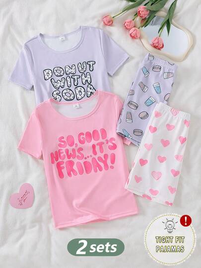 4pcs/Set Girls Letter & Heart Print Snug Fit Pajamas Set, Includes Pink Letter Pants, Black Letter & Star Top, Short Sleeve & Shorts