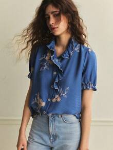 Écloséra Women's Elegant French Blue Floral Embroidered Shirt,Summer Tea Party Ruffle Commuting Fashion Craft Contrast Versatile Long-Sleeved Shirt - Blue - View 4