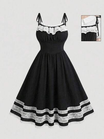 ROMWE Goth เดรสยาวปานกลางแต่งลูกไม้สไตล์โลลิต้าสีเข้มวินเทจหรูหราสำหรับผู้หญิง