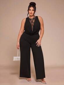 SHEIN BAE 大码女士性感蕾丝拼接露背无袖连体裤，春夏款 - 黑色 - 查看 3