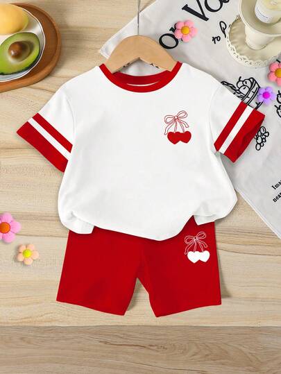 Baby Girls 2-Piece Casual Outfit, Minimalist Sweet Red Cherry Colorblock Striped Round Neck Short Sleeve T-Shirt And Matching Printed Shorts Set, Suitable For Spring/Summer, Casual, Outdoor, School Wear