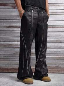 AXEPEAK Men's Zipper Decor Button Casual Wide Leg Pants - Black - View 4