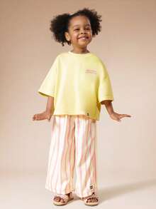 SUMWON 休闲柠檬色七分宽松T恤条纹长裤套装，夏季海滩度假装，女童款 - 彩色 - 查看 2
