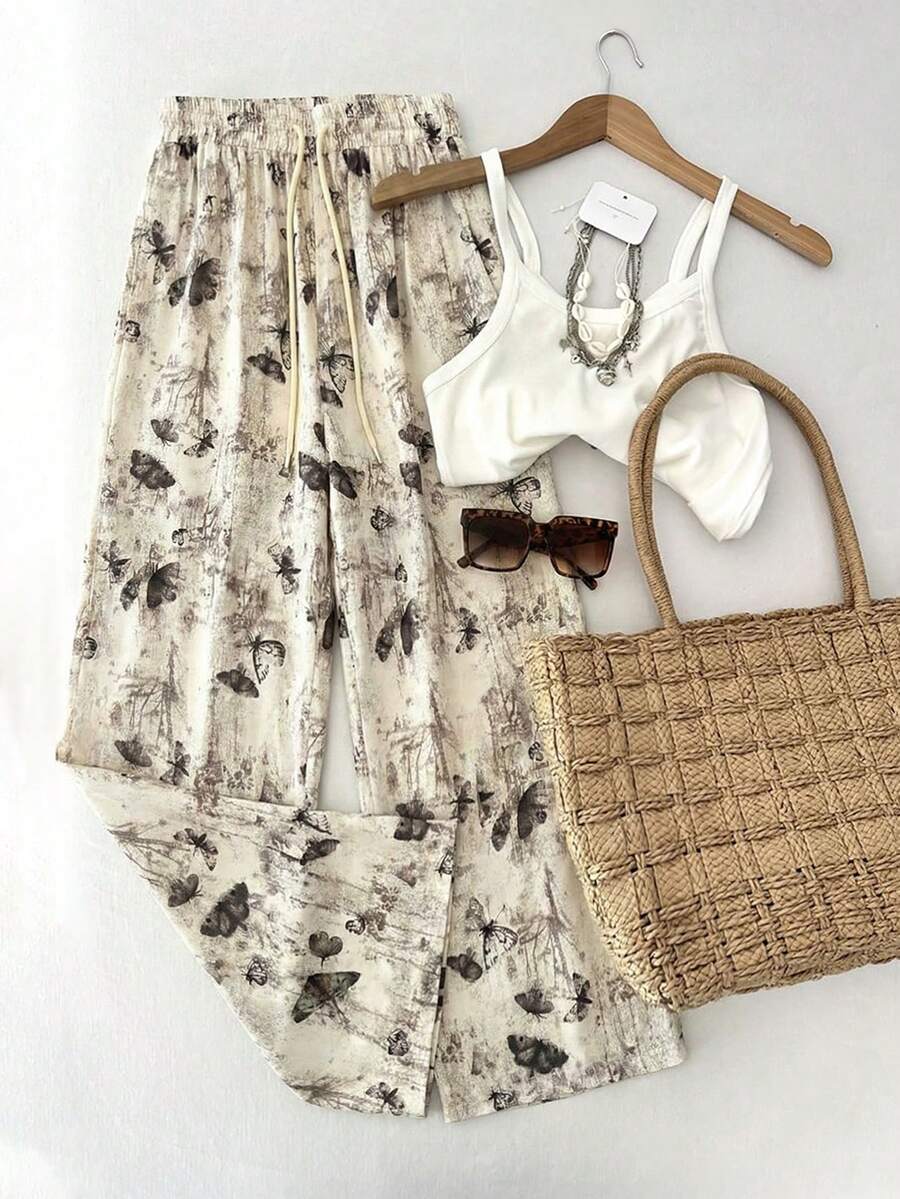 GlowEve Women's Fashion Casual Ink Butterfly Print Elastic Waist Drawstring Straight Leg Pants, Suitable For Daily Wear - Multicolor - View 1