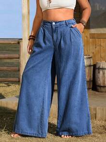 EMERY ROSE Plus Size Women Casual Vacation Daily Commute Versatile Pleated Loose Wide-Leg Jeans - Medium Wash - View 4