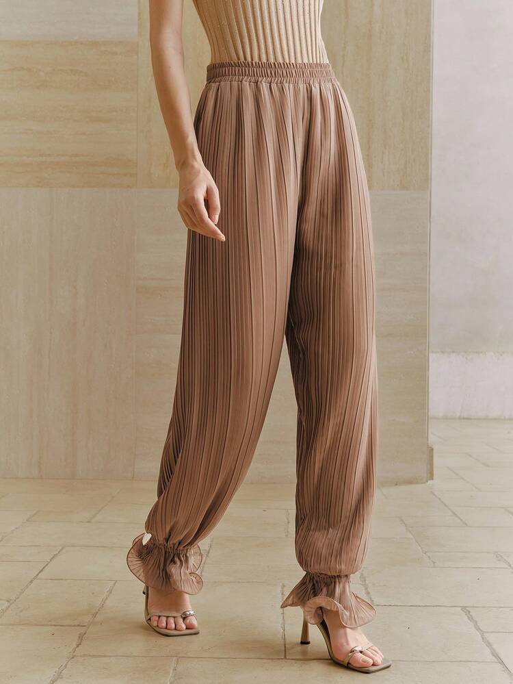 Anewsta Spring/Summer Holiday Casual, Elastic Waist Pleated Workmanship, Ruffle Hem Fashionable Women Pants