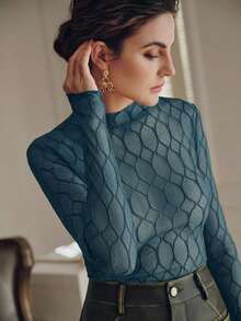 Anewsta Áo thun dài tay nữ gợi cảm, thanh lịch, họa tiết hình thoi, chất liệu xuyên thấu, thích hợp cho tiệc tùng, hẹn hò, mùa xuân. - Màu xanh lam - Xem 7