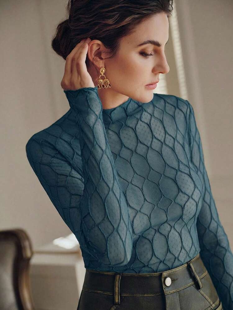 女性用セクシーエレガントなひし形テクスチャーシアーロングスリーブTシャツトップ、パーティー、デート、春に適しています