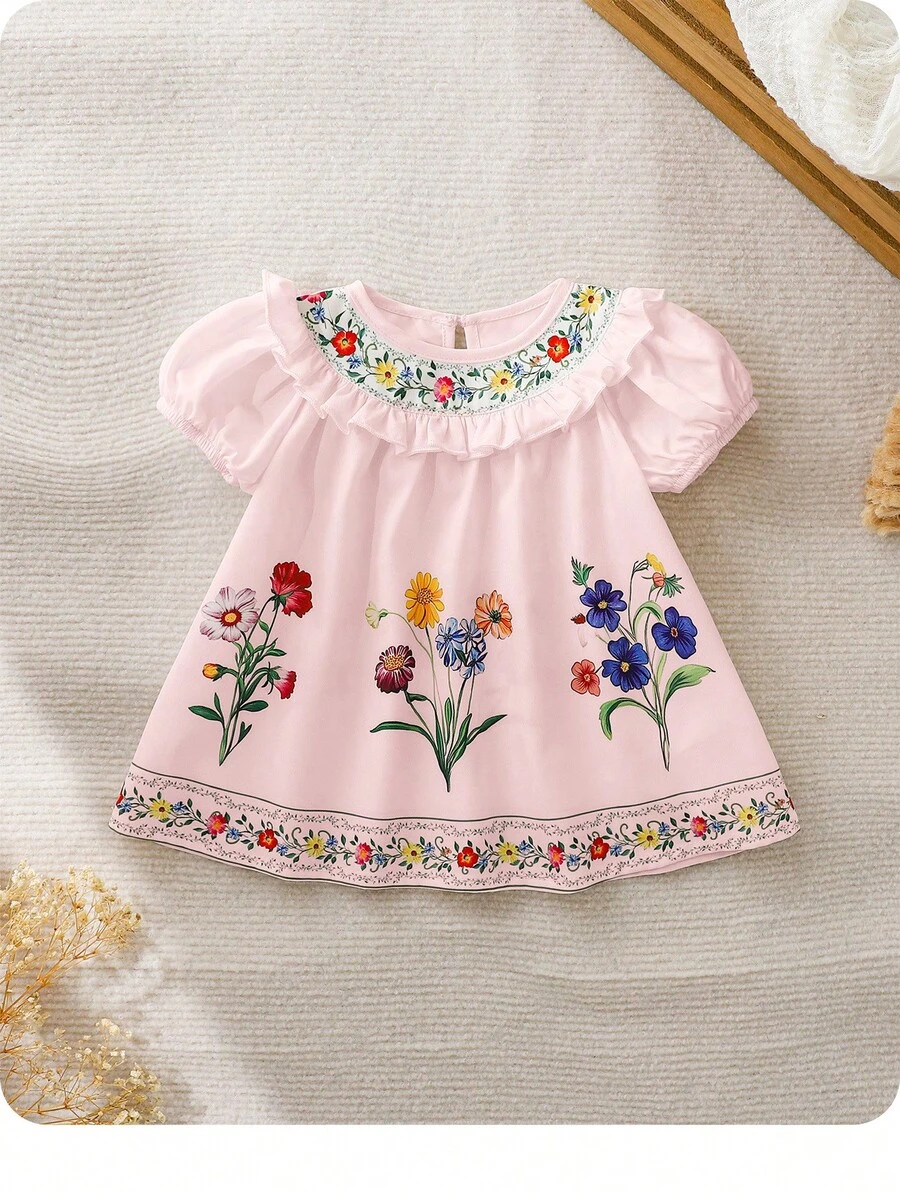 Newborn Baby Girl Cute Floral Pattern Ruffle Trim Loose Casual Dress Wildflower Dress Baby Puff Sleeve Baby Dress Baby Girl Floral Embroidery Dress Pink Baby Dress Baby Daisy Dress,Kids - Pink - View 1