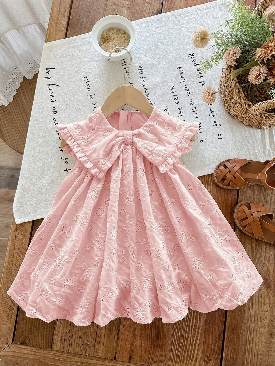 SHEIN LMoss Kids Robe d'été mignonne pour bébé fille avec col Peter Pan brodé de fleurs, couleur abricot - Rose bonbon - Voir 1