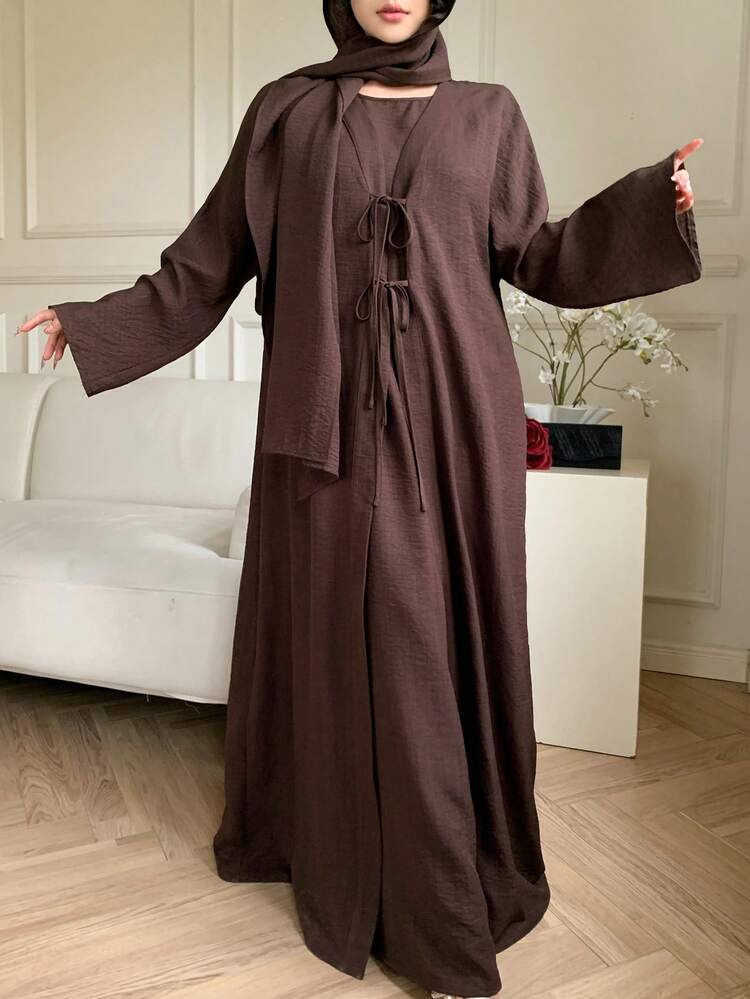 Women's Solid Color Conservative Long Dress With Tie Detail Sundress