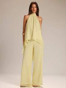 SHEIN BAE Spring/Summer Solid Yellow Halter Neck Sheer Asymmetrical Sleeveless Tank Top & Linen Wide Leg Pants, Casual 2-Piece Set Minimalist 2-Piece Set - Yellow - View 1