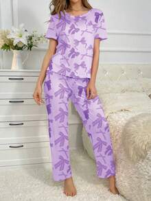 SHEIN Pink Butterfly Print Short Sleeve Pajama Set - Multicolor - View 4