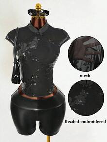 Mistrie Women's Mesh Embroidered Beaded See-Through Camisole, New Chinese Style Vacation Boho Sexy Plain Plaid Striped Casual - Black - View 6