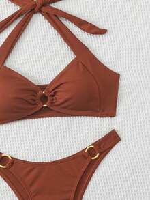 Swim Basics 夏季沙滩女士纯色挂脖式文胸和泳裤比基尼套装泳衣棕色比基尼两件式比基尼 - 紅木色 - 查看 7