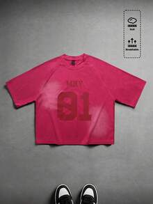 ROMWE MEN 男士圆领字母数字印花休闲百搭日常短袖T恤 - 洋紅色 - 查看 3