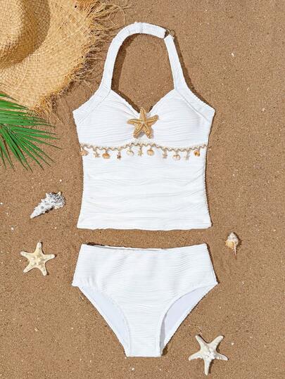 SHEIN Ensemble de maillot de bain tankini pour préadolescentes avec Top à volants et triangle, décoré d'étoiles de mer en métal de couleur unie