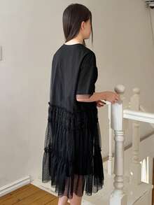 DAZY Tween Girls' Casual Cartoon Print Mesh Patchwork Summer Dress - Black - View 8