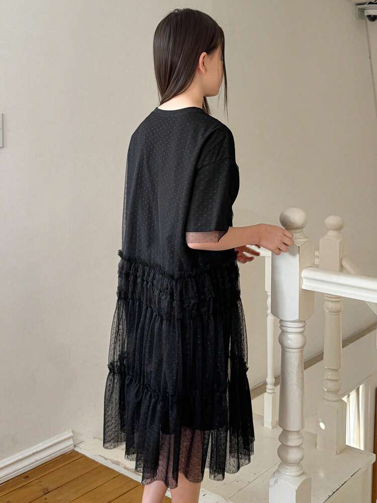 Tween Girls' Casual Cartoon Print Mesh Patchwork Summer Dress