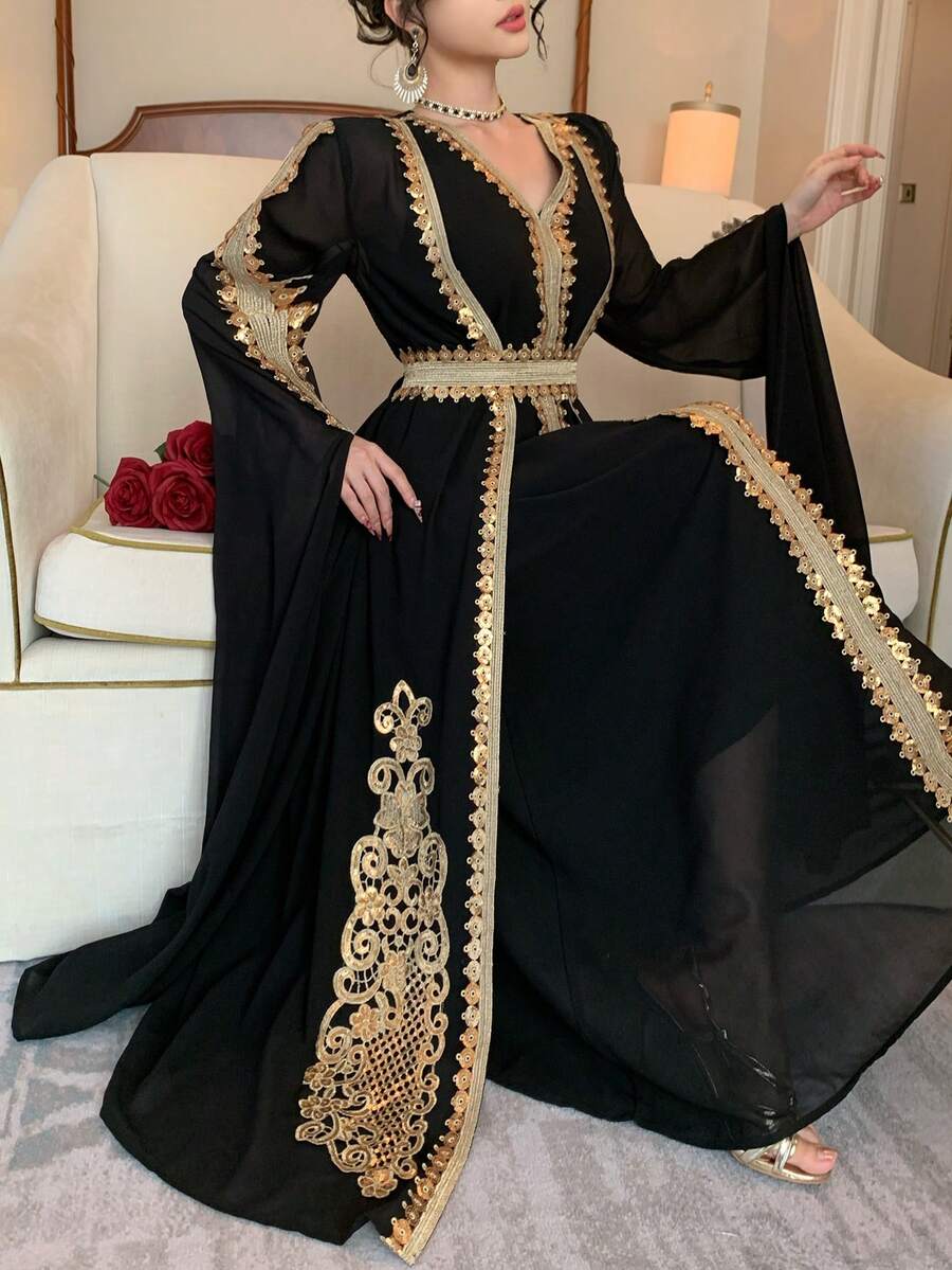 DAZY 2pcs Women's Middle Eastern Dubai Arabic Style Dress With Ribbon Trim - Black - View 1